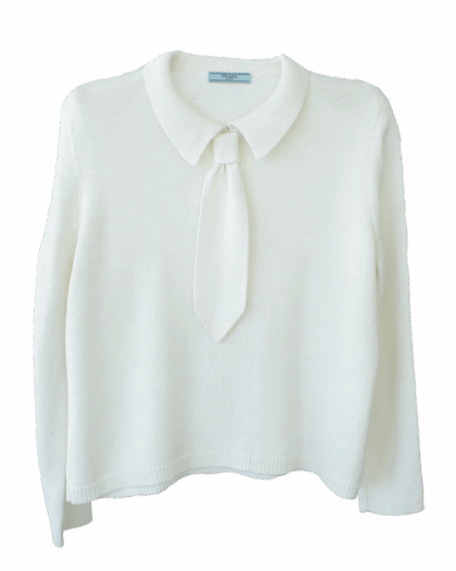 Prada Knit Tie-Collar Top Blanco con Cuello y Corbata Integrada