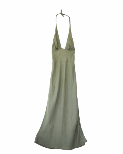 Armani Vestido Halter de Lino Verde Oliva
